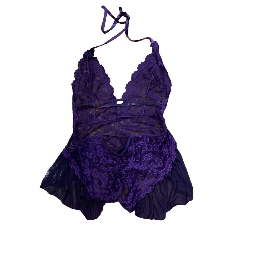 Purple Floral Lace Teddy Lingerie Bodysuit Halter Deep V Neck One Piece Sz 3X - Picture 3 of 8